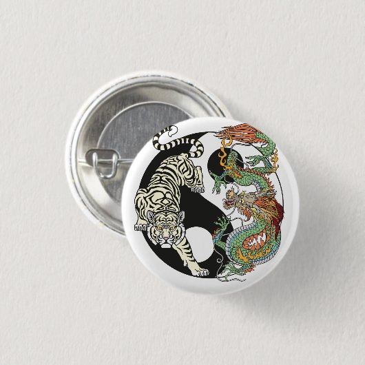 Weißer Tiger gegen grüner Drache im Yin-Yang-Bu Button (Vorne & Hinten)