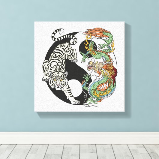 Weißer Tiger gegen grüner Drache im Yin Yang c Leinwanddruck (Insitu (Holzboden))