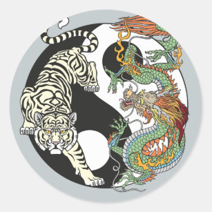 Weißer Tiger gegen grüner Drache im Yin Yang Cl Runder Aufkleber