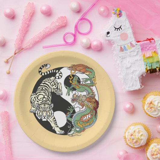 Weißer Tiger gegen grüner Drache im Yin Yang pa Pappteller (Party)