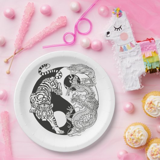 Weißer Tiger gegen grüner Drache im Yin-Yang Pappteller (Party)