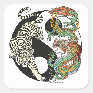 Weißer Tiger gegen grüner Drache im Yin-Yang Quadratischer Aufkleber