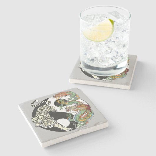 Weißer Tiger gegen grüner Drache im Yin-Yang Steinuntersetzer (Seitenansicht)