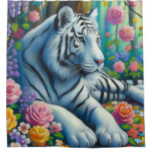 Weißer Tiger im Wald mit Aquamarinen rosa Blume