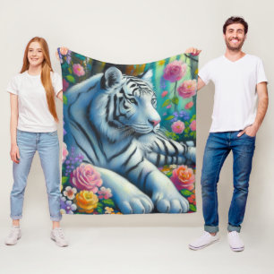 Weißer Tiger im Wald mit Aquamarinen rosa Blume Fleecedecke