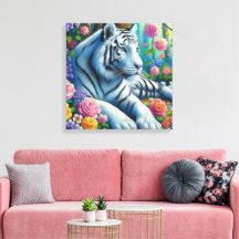 Weißer Tiger im Wald mit Aquamarinen rosa Blume