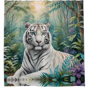 Weißer Tiger in einem blauen grünen Dschungel Duschvorhang