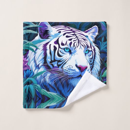Weißer Tiger in violetten Blumen Badhandtuch Set (Waschlappen)
