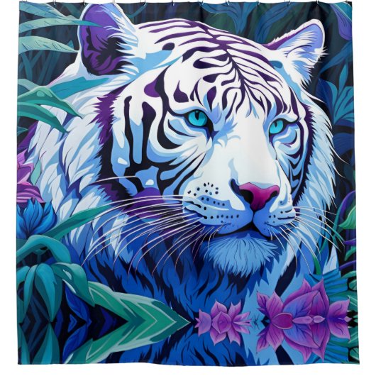 Weißer Tiger in violetten Blumen Duschvorhang (Vorderseite)