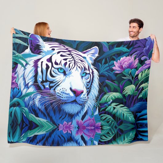 Weißer Tiger in violetten Blumen Fleecedecke (Beispiel)