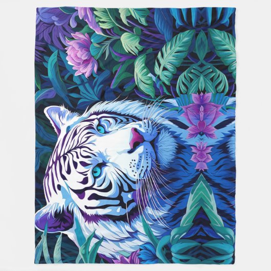 Weißer Tiger in violetten Blumen Fleecedecke (Vorderseite)