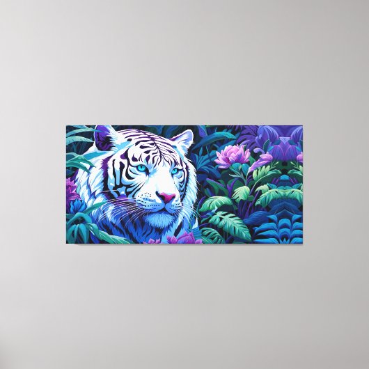 Weißer Tiger in violetten Blumen Leinwanddruck (Vorderseite)