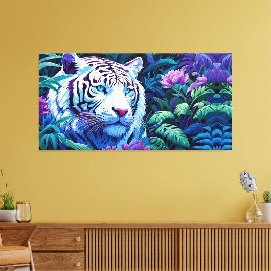 Weißer Tiger in violetten Blumen Leinwanddruck (Insitu (Wohnzimmer))