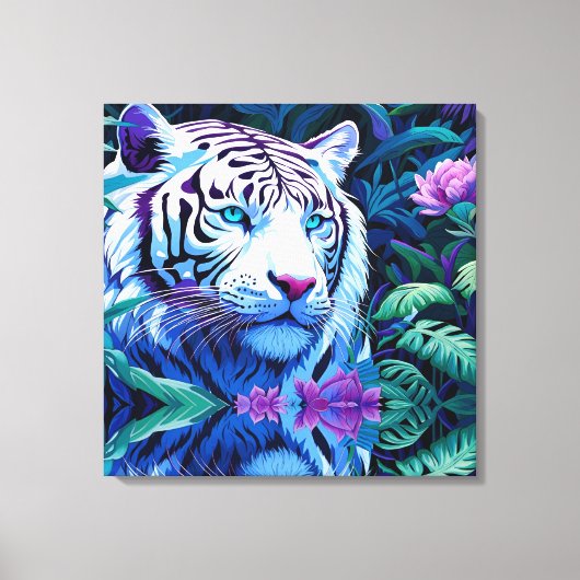 Weißer Tiger in violetten Blumen Leinwanddruck (Vorderseite)