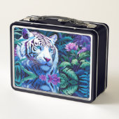 Weißer Tiger in violetten Blumen Metall Brotdose (Rückseite)