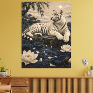 Weißer Tiger Lotus Teich – Mondbeschienene asiatis Leinwanddruck
