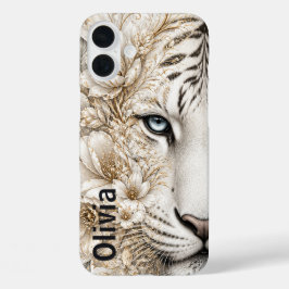 Weißer Tiger mit blauen Augen - Florale Kunst iPhone 16 Plus Hülle