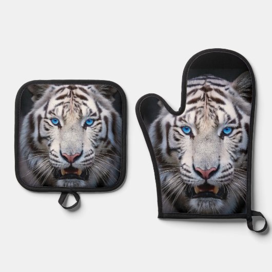 Weißer Tiger mit blauen Augen Ofenhandschuh & Topflappen-Set (Vorderseite)