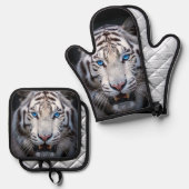 Weißer Tiger mit blauen Augen Ofenhandschuh & Topflappen-Set (Vorderseite/Rückseite)