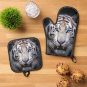 Weißer Tiger mit blauen Augen Ofenhandschuh & Topflappen-Set (Oben Unten)