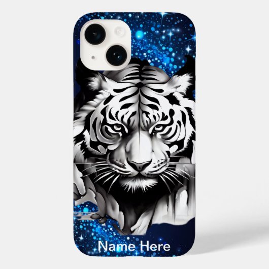 Weißer Tiger mit blauen Glitzern Case-Mate iPhone Hülle (Rückseite)