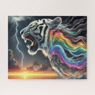 Weißer Tiger mit Regenbogennebel Puzzle