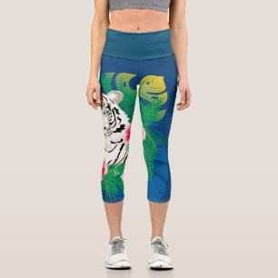 Weißer Tiger mit tropischen Blätter Capri Leggings