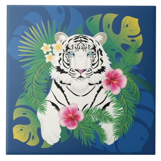 Weißer Tiger mit tropischen Blätter Fliese (Vorderseite)