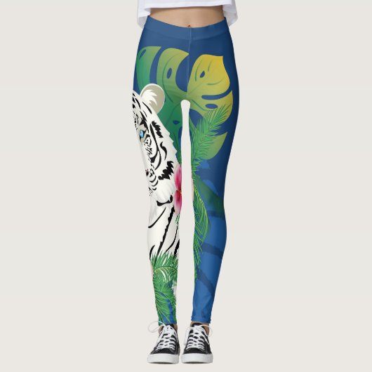 Weißer Tiger mit tropischen Blätter Leggings (Vorderseite)