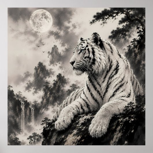 Weißer Tiger ruht auf Klippe | Traditionelle Tinte Poster (Vorne)