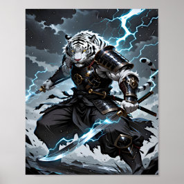 Weißer Tiger Samurai Krieger Blaue Blitze Fantasy Poster