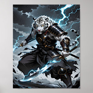 Weißer Tiger Samurai Krieger Blaue Blitze Fantasy Poster