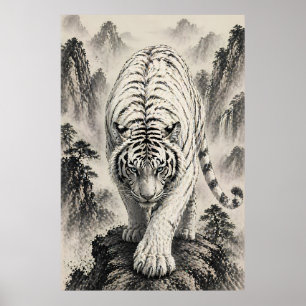 Weißer Tiger Tuschemalerei – Bergwächter-Wand Poster
