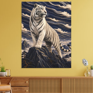 Weißer Tiger unter bestickten Wolken – Marineblau Leinwanddruck