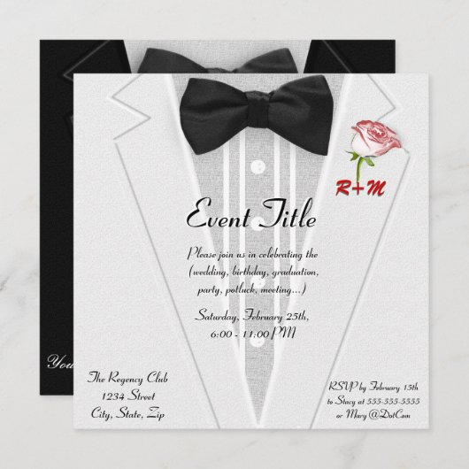 Weißer Tuxedo mit Bogen-Krawatten-Monogramm Einladung (Vorne/Hinten)