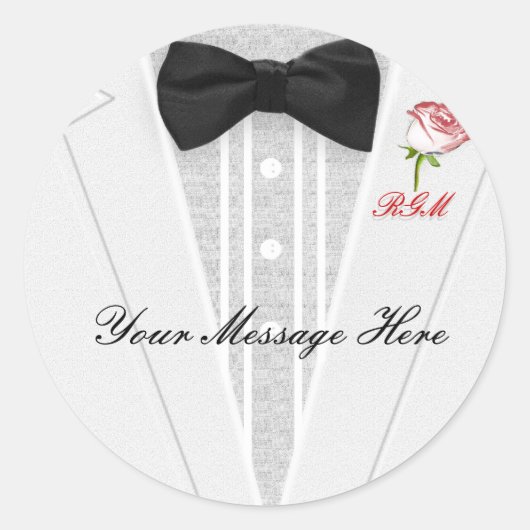 Weißer Tuxedo mit Schwarz-Krawatte-Monogramm Runder Aufkleber (Vorderseite)