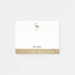 Weißer und goldener falscher Glitter-Flamingo und Post-it Klebezettel