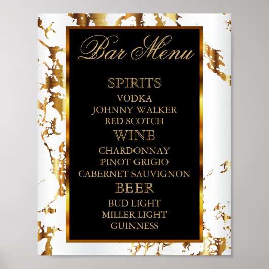 Weißer und goldener Marmor mit Schwarz - Bar Menu Poster (Vorne)