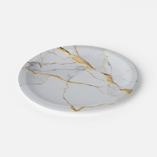 Weißer und goldener Marmor Pappteller (Schrägansicht)