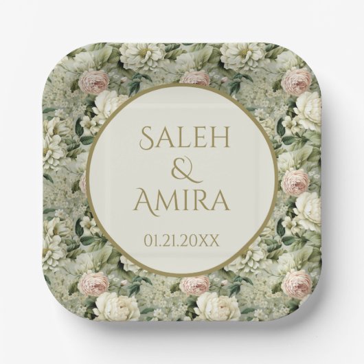 Weißer und grüner Blumenzucker Hochzeitszucker Pappteller (Vorderseite)