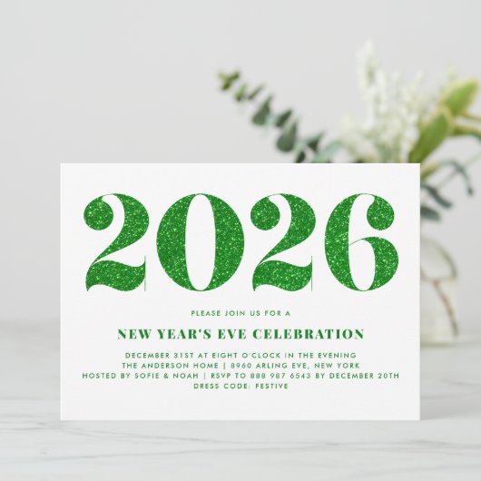 Weißer und grüner Glitzer 2024 Silvester Party Einladung (Stehend Vorderseite)