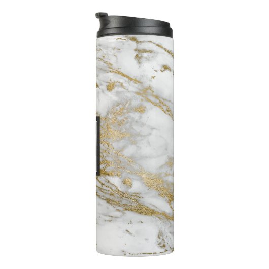 Weißer und Imitat Goldmarmor Elegantes Monogramm Thermosbecher (Nach rechts gedreht)
