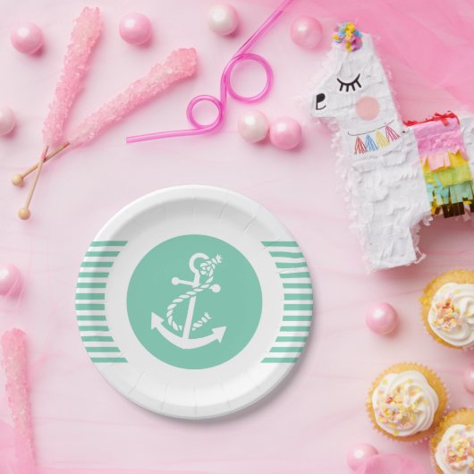 Weißer und minziger Wasseranker und Streifen 2 Pappteller (Party)