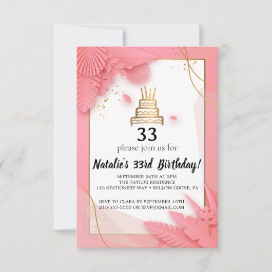 weißer und rosa 33. Geburtstag Einladung (Vorderseite)