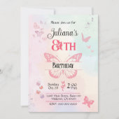 Weißer und rosa Schmetterling Thema 8. Geburtstag Einladung (Vorderseite)