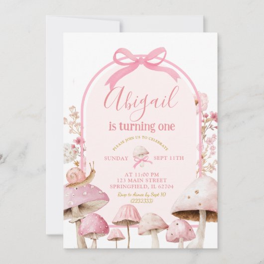 Weißer und rosa Schnecke und Pilzwald zum Geburtst Einladung (Vorderseite)