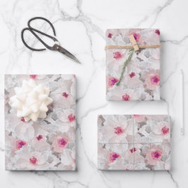 Weißer und rosafarbener Blumen Geschenkpapier Set