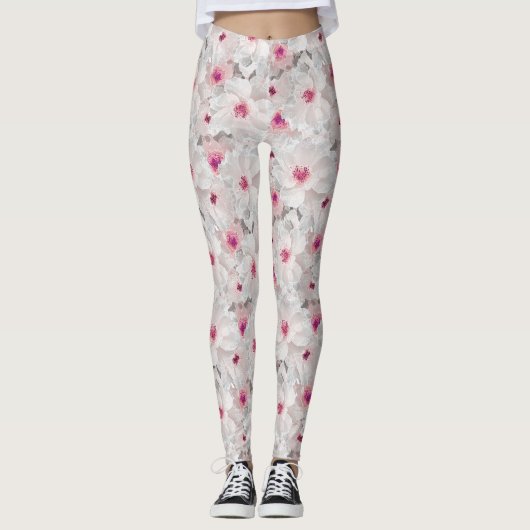 Weißer und rosafarbener Blumen Leggings (Vorderseite)
