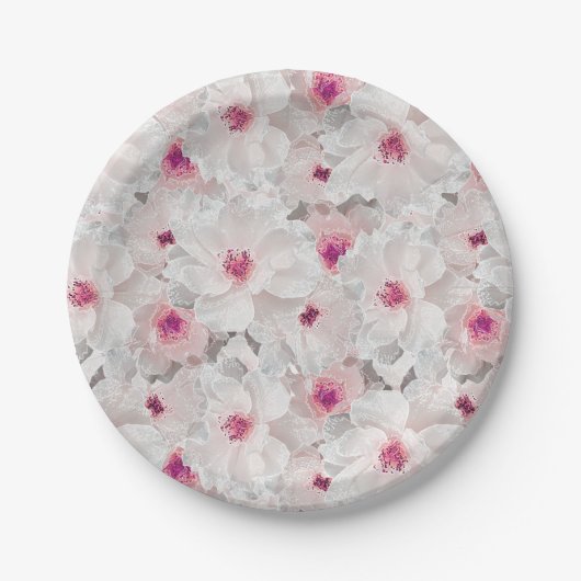 Weißer und rosafarbener Blumen Pappteller (Vorderseite)