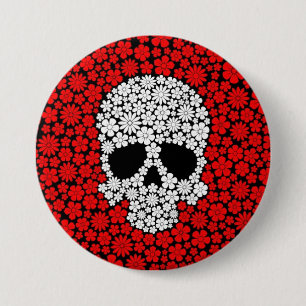 Weißer und roter wilder Blumen-Schädel Button